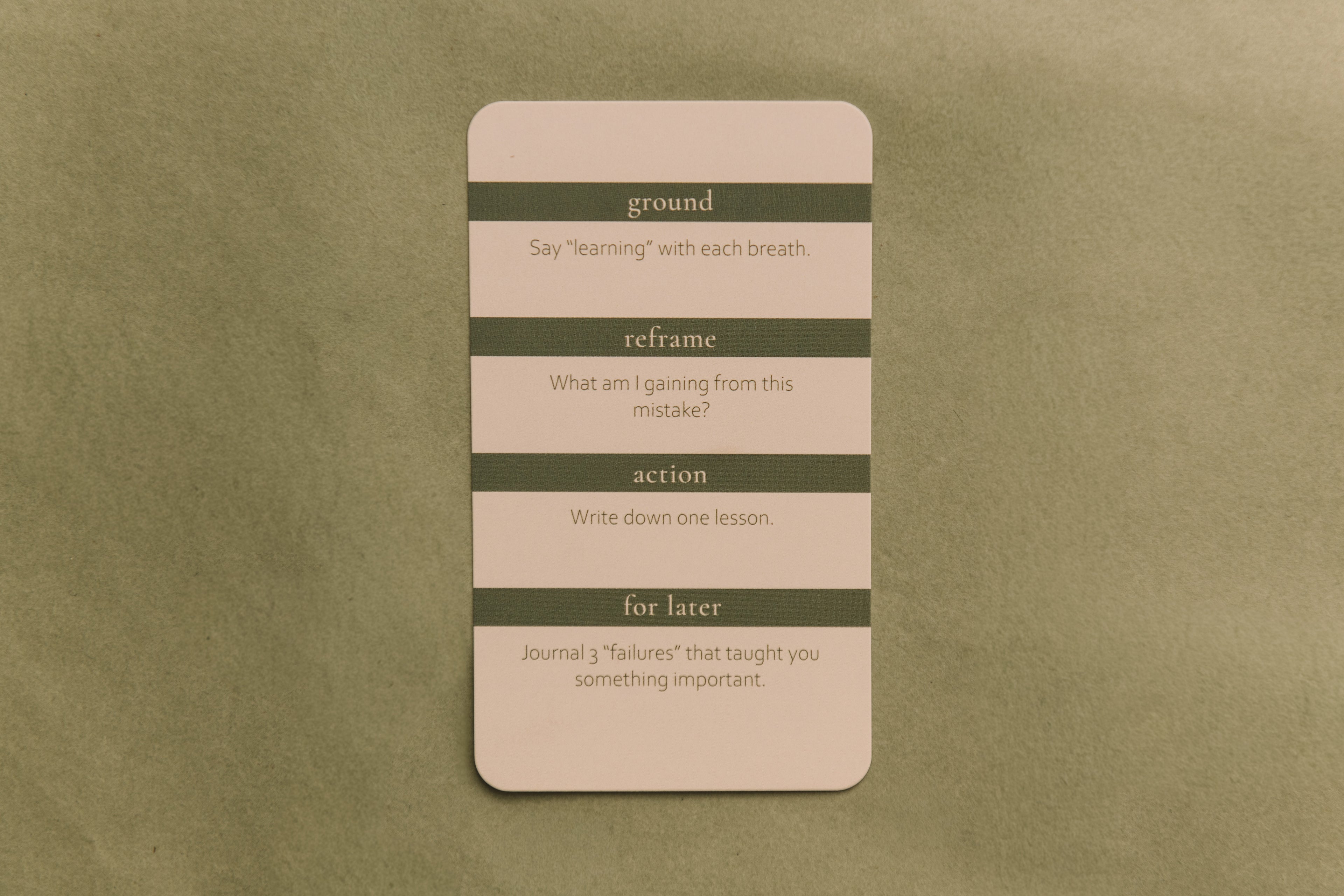 Seeds of Calm card with text on a textured sage background