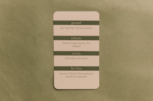 Seeds of Calm card with text on a textured sage background