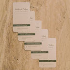 Set of 'Seeds of Calm' cards on a stone surface
