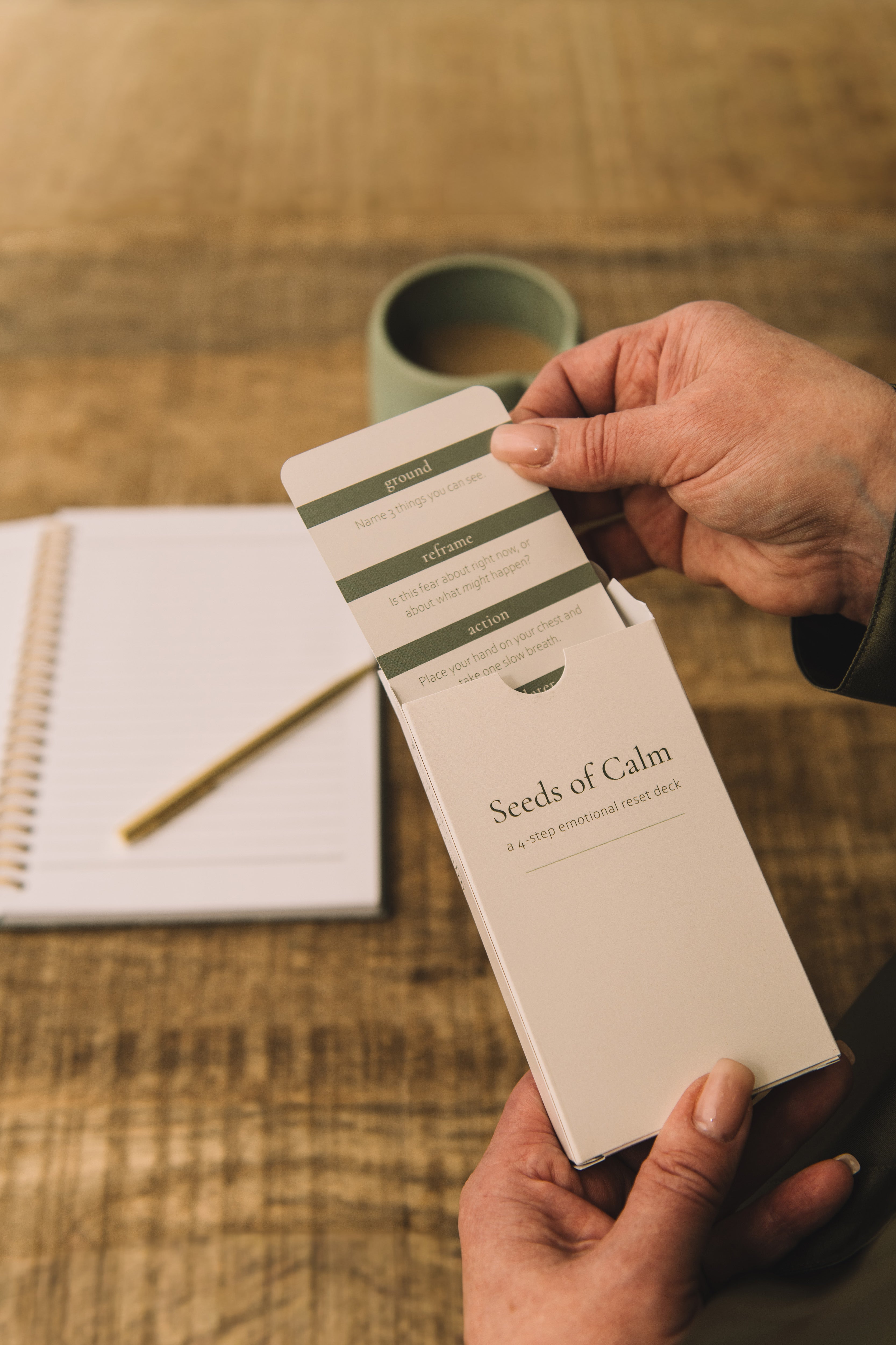 Person holding a product package labeled 'Seeds of Calm' on a wooden surface with a notebook and pen.
